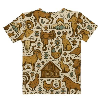t-shirt with graphic of western horses, cowgirls, rams, cacti, and more