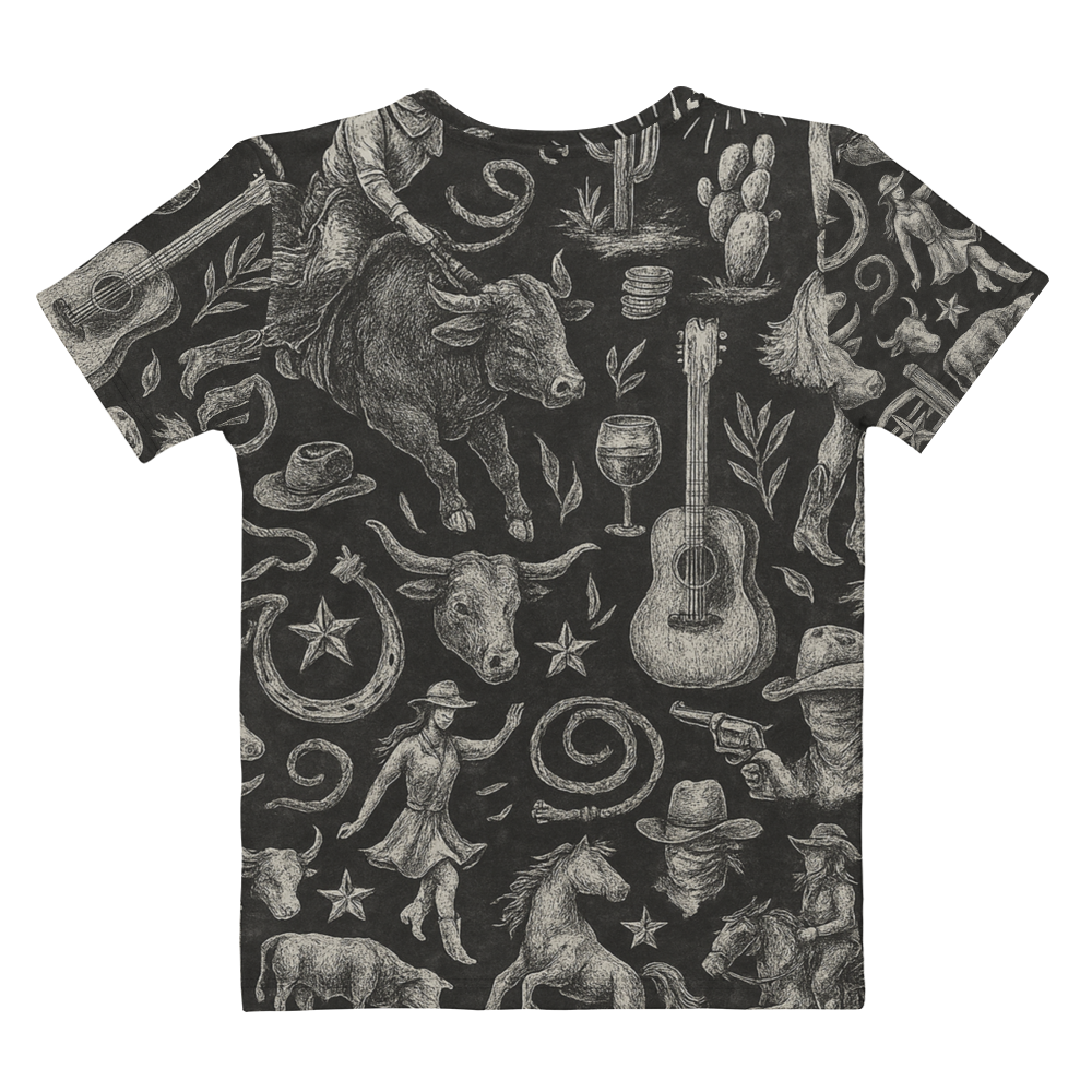 t-shirt with graphic of western horses, cowgirls, rams, cacti, and more