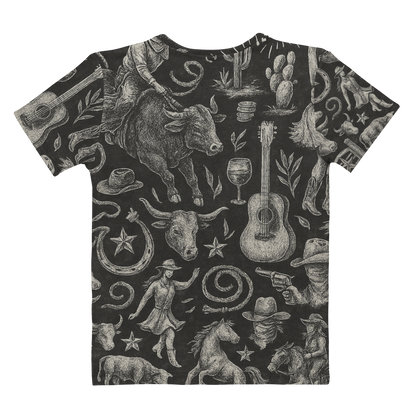 t-shirt with graphic of western horses, cowgirls, rams, cacti, and more