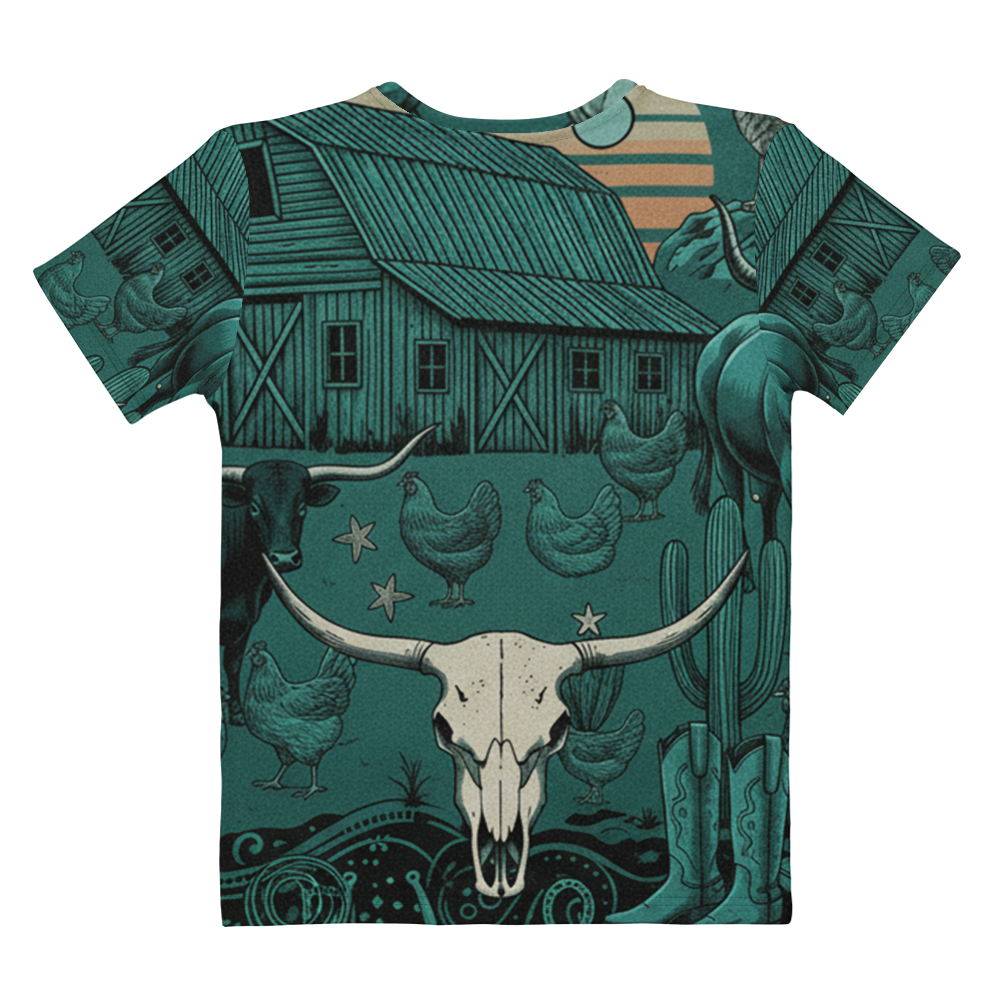 Multicolor t-shirt with graphic of western horses, cowgirls, rams, cacti, chickes, bull bull skull and more #multicolor
