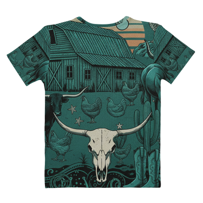 Multicolor t-shirt with graphic of western horses, cowgirls, rams, cacti, chickes, bull bull skull and more #multicolor