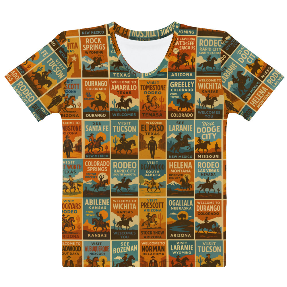 Multicolor western t-shirt with all over print graphic of a collage of western rodeo posters #multicolor