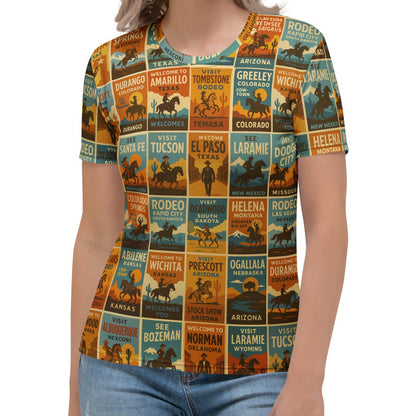 Multicolor western t-shirt with all over print graphic of a collage of western rodeo posters #multicolor