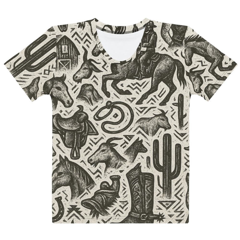 Multicolor t-shirt with graphic of western horses, cowgirls, rams, cacti, and more #multicolor