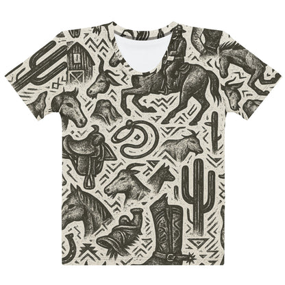 Multicolor t-shirt with graphic of western horses, cowgirls, rams, cacti, and more #multicolor