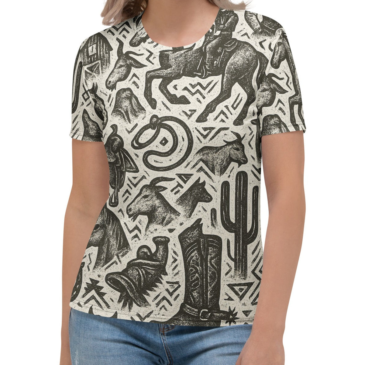 Multicolor t-shirt with graphic of western horses, cowgirls, rams, cacti, and more #multicolor
