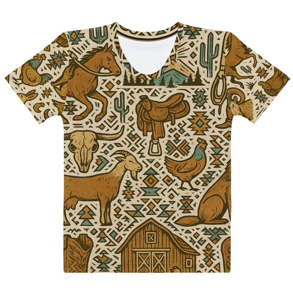 t-shirt with graphic of western horses, cowgirls, rams, cacti, and more