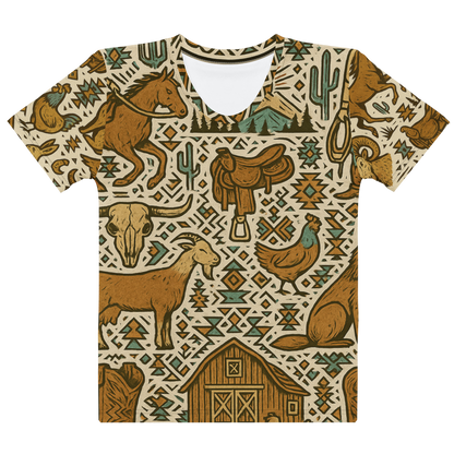 t-shirt with graphic of western horses, cowgirls, rams, cacti, and more