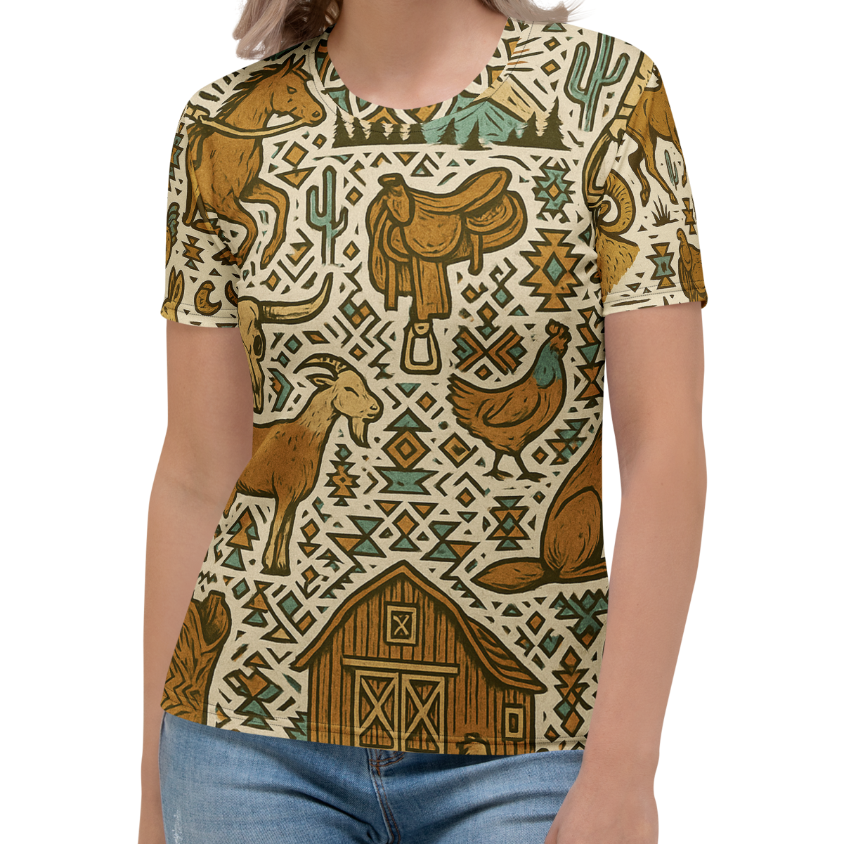 t-shirt with graphic of western horses, cowgirls, rams, cacti, and more 