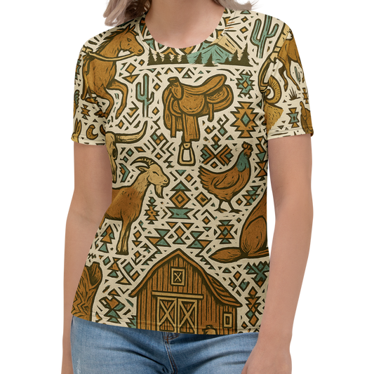 t-shirt with graphic of western horses, cowgirls, rams, cacti, and more 