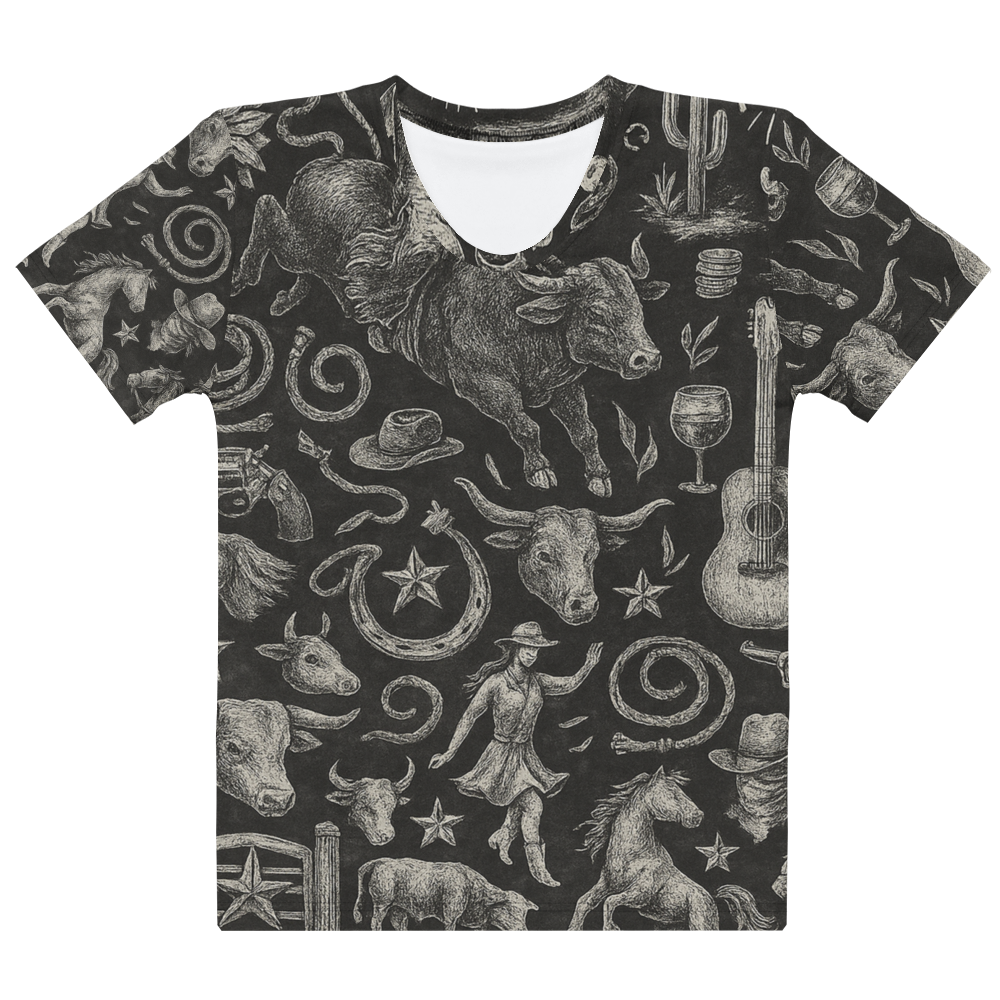 t-shirt with graphic of western horses, cowgirls, rams, cacti, and more