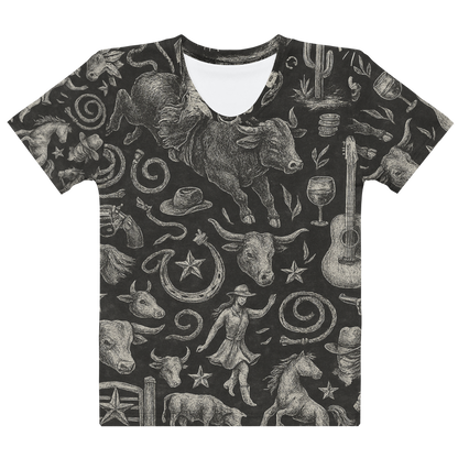 t-shirt with graphic of western horses, cowgirls, rams, cacti, and more