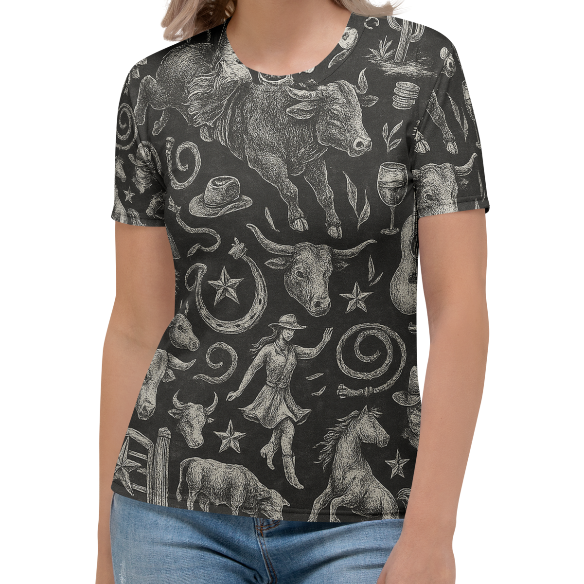 t-shirt with graphic of western horses, cowgirls, rams, cacti, and more