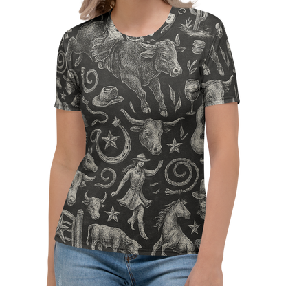 t-shirt with graphic of western horses, cowgirls, rams, cacti, and more