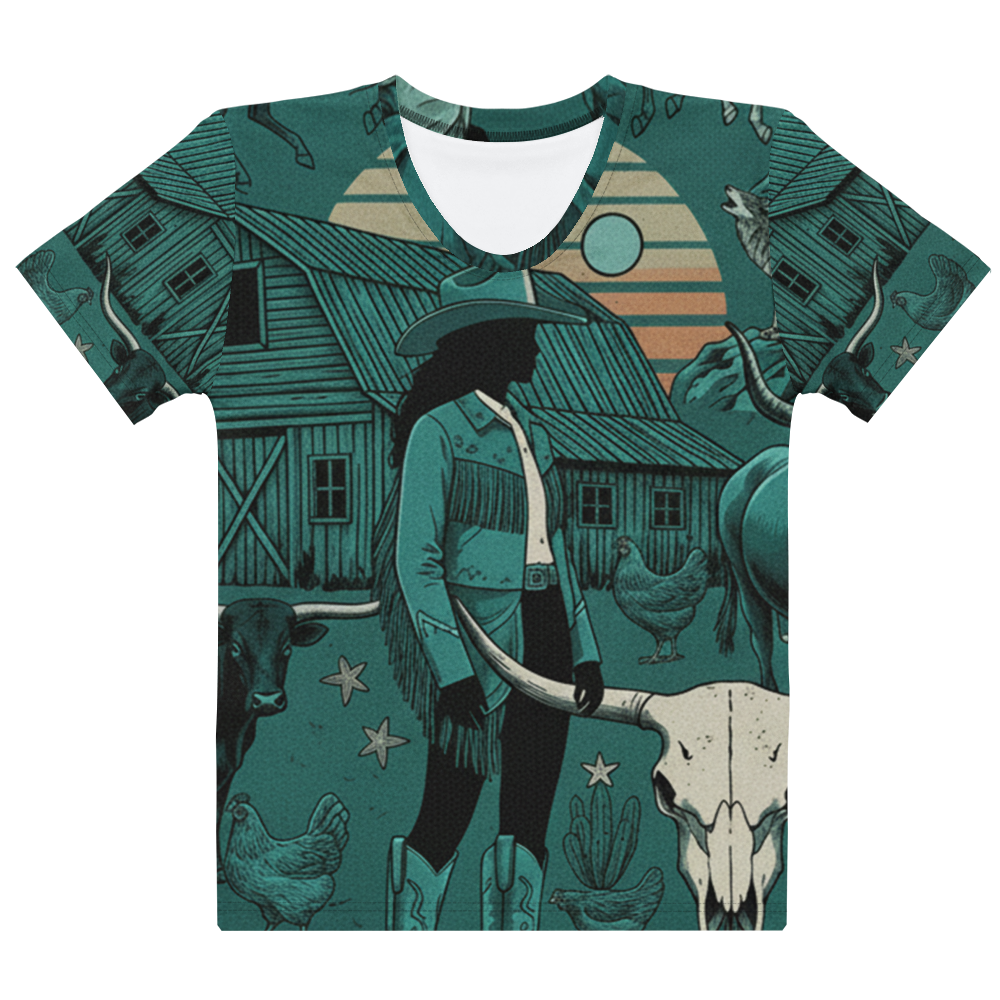 Multicolor t-shirt with graphic of western horses, cowgirls, rams, cacti, chickes, bull bull skull and more #multicolor