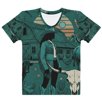 Multicolor t-shirt with graphic of western horses, cowgirls, rams, cacti, chickes, bull bull skull and more #multicolor