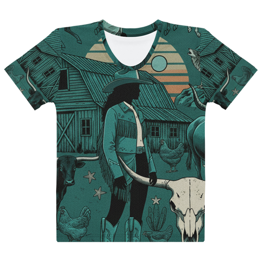 Multicolor t-shirt with graphic of western horses, cowgirls, rams, cacti, chickes, bull bull skull and more #multicolor