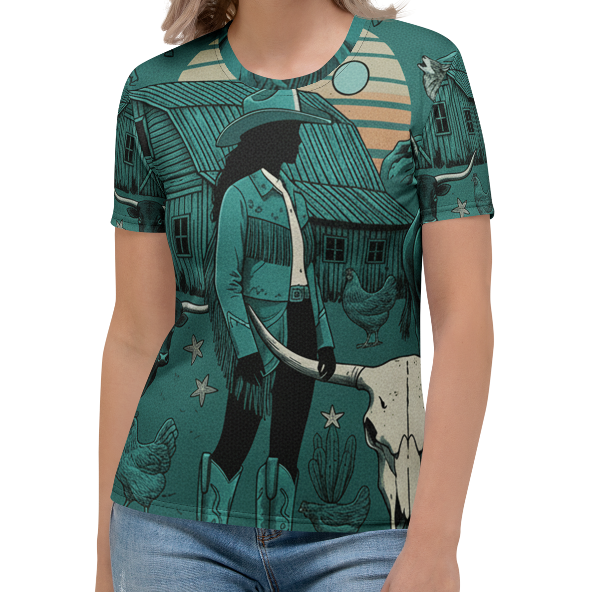 Multicolor t-shirt with graphic of western horses, cowgirls, rams, cacti, chickes, bull bull skull and more #multicolor
