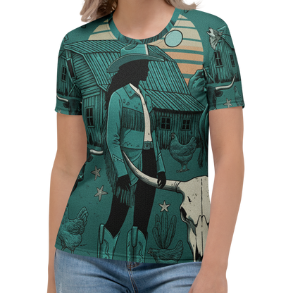 Multicolor t-shirt with graphic of western horses, cowgirls, rams, cacti, chickes, bull bull skull and more #multicolor