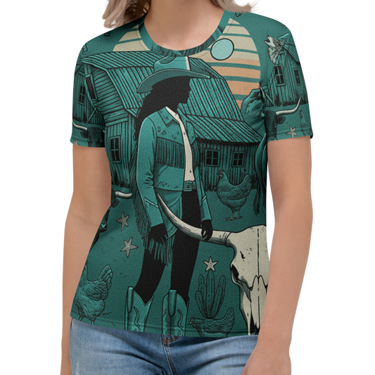 Multicolor t-shirt with graphic of western horses, cowgirls, rams, cacti, chickes, bull bull skull and more #multicolor
