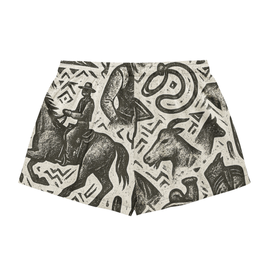 Black stitched pajama shorts with graphic of western horses, cowgirls, rams, cacti, and more #black