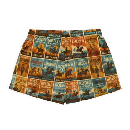 pajama shorts with rode poster graphic design that covers the whole short #black