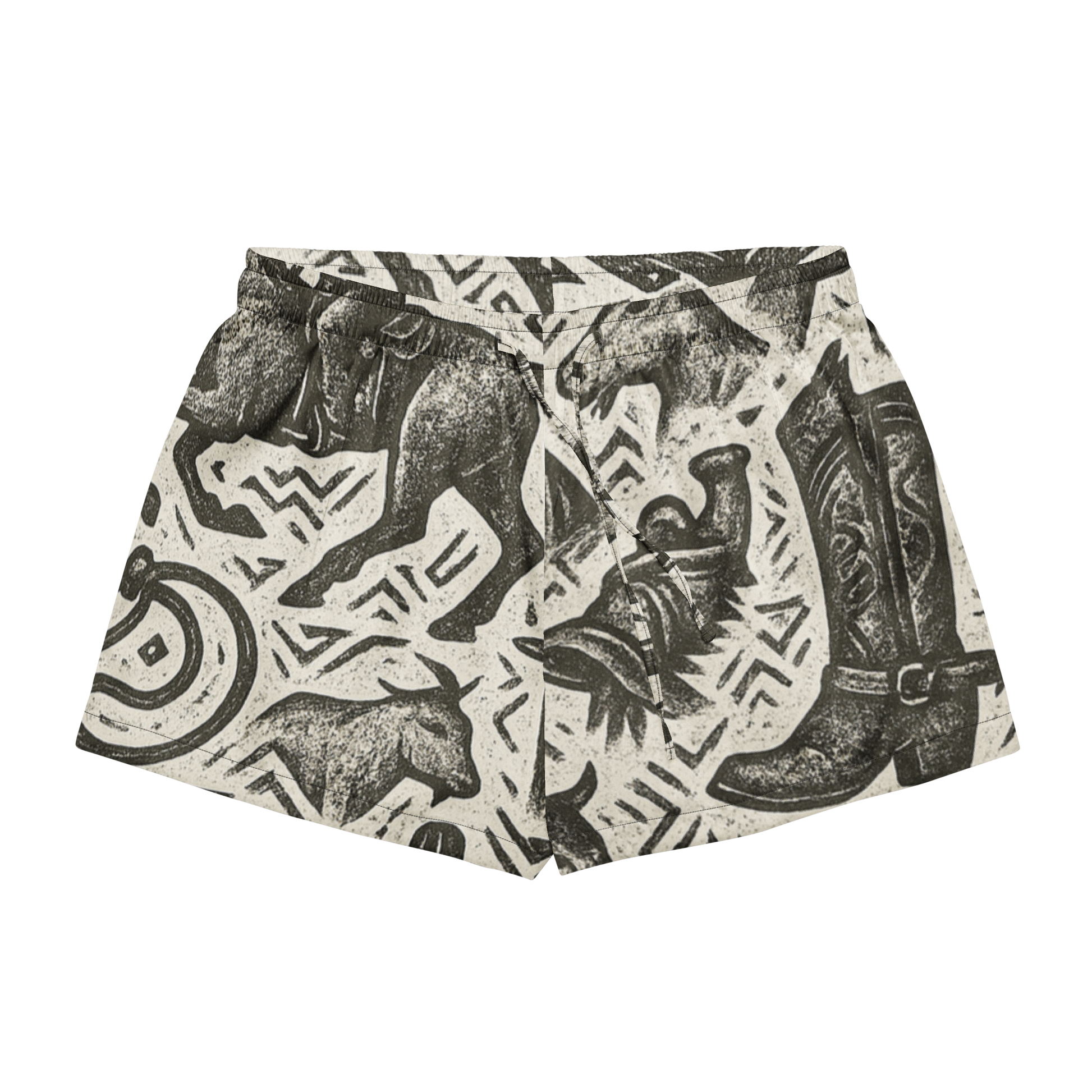 Black stitched pajama shorts with graphic of western horses, cowgirls, rams, cacti, and more #black