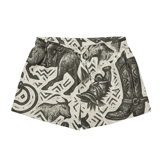 Black stitched pajama shorts with graphic of western horses, cowgirls, rams, cacti, and more #black
