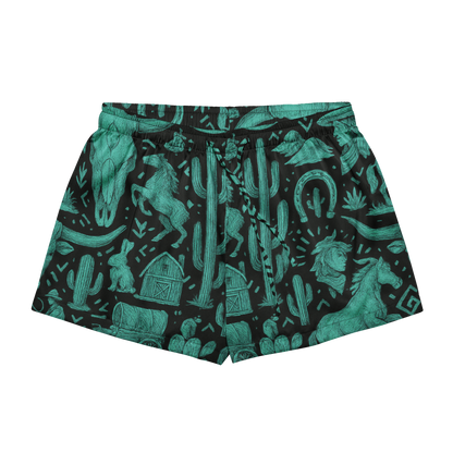 Black shorts with green/turquoise western graphics that include barns, cactus, wagons, and more #black