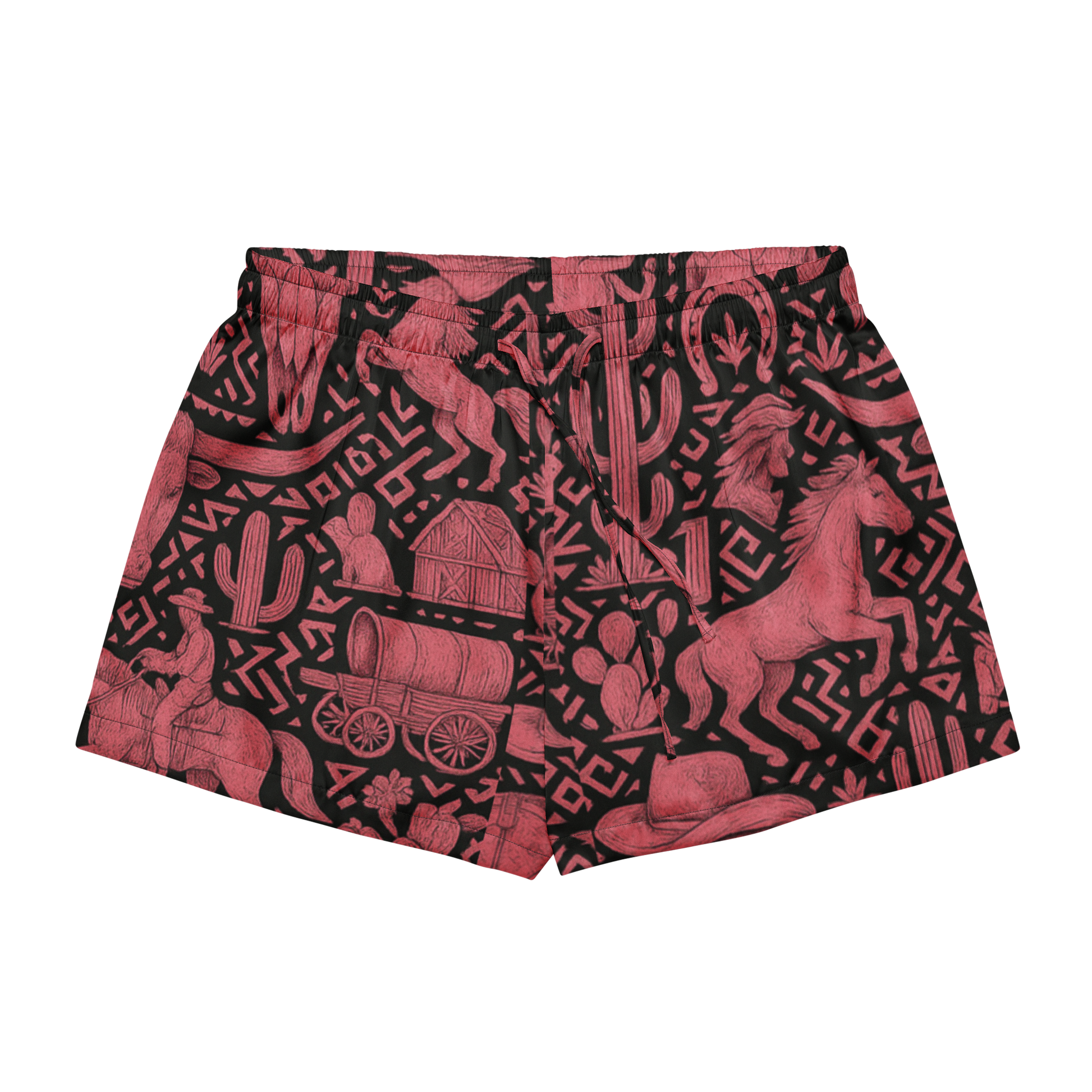 Black stitched pajama shorts with black and hot pink western decals, horses, barns, wagons and more #black