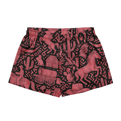 Black stitched pajama shorts with black and hot pink western decals, horses, barns, wagons and more #black