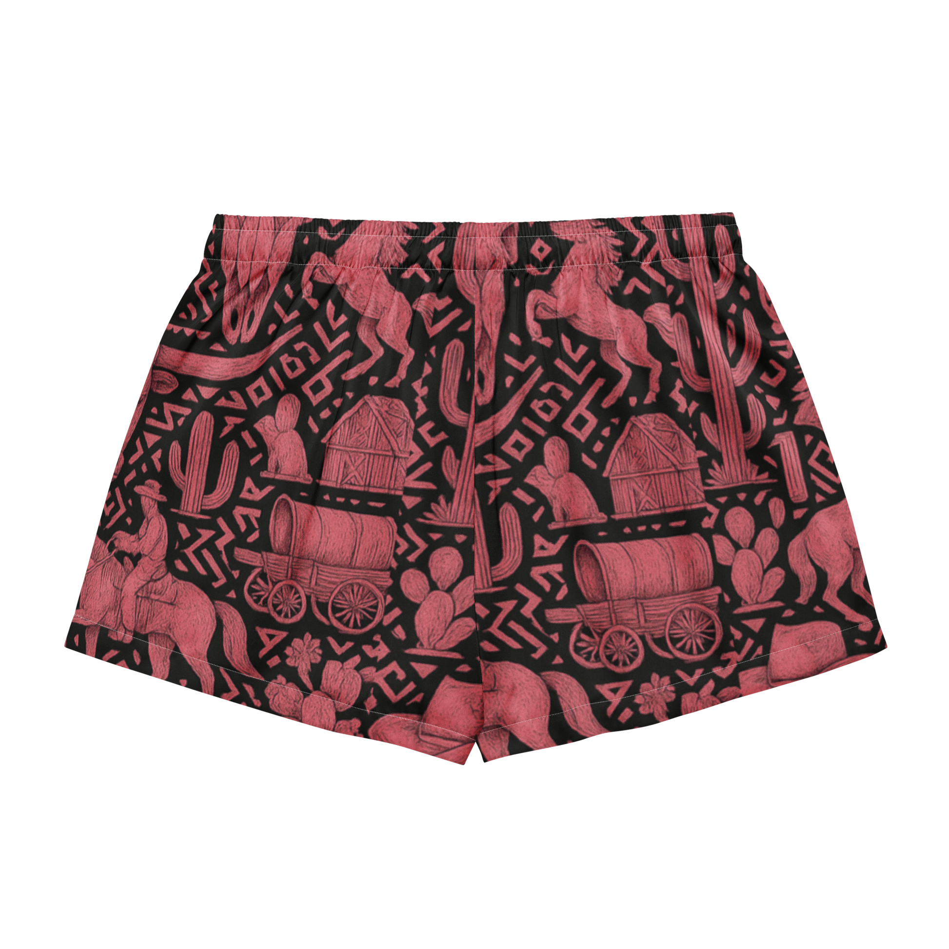 White stitched pajama shorts with black and hot pink western decals, horses, barns, wagons and more #white