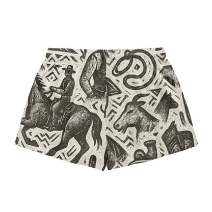 White stitched pajama shorts with graphic of western horses, cowgirls, rams, cacti, and more #white
