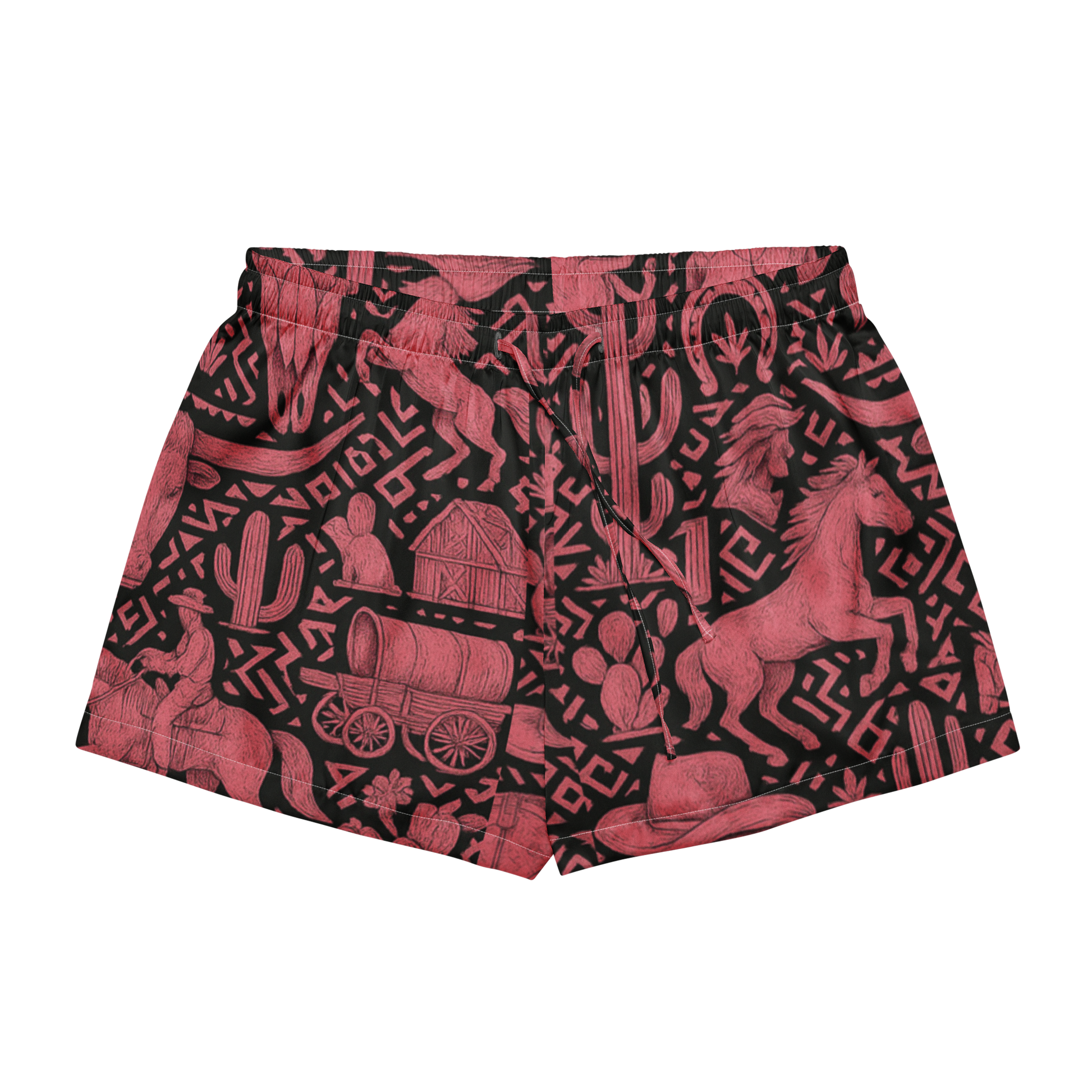 White stitched pajama shorts with black and hot pink western decals, horses, barns, wagons and more #white