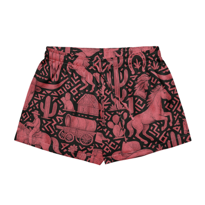 White stitched pajama shorts with black and hot pink western decals, horses, barns, wagons and more #white