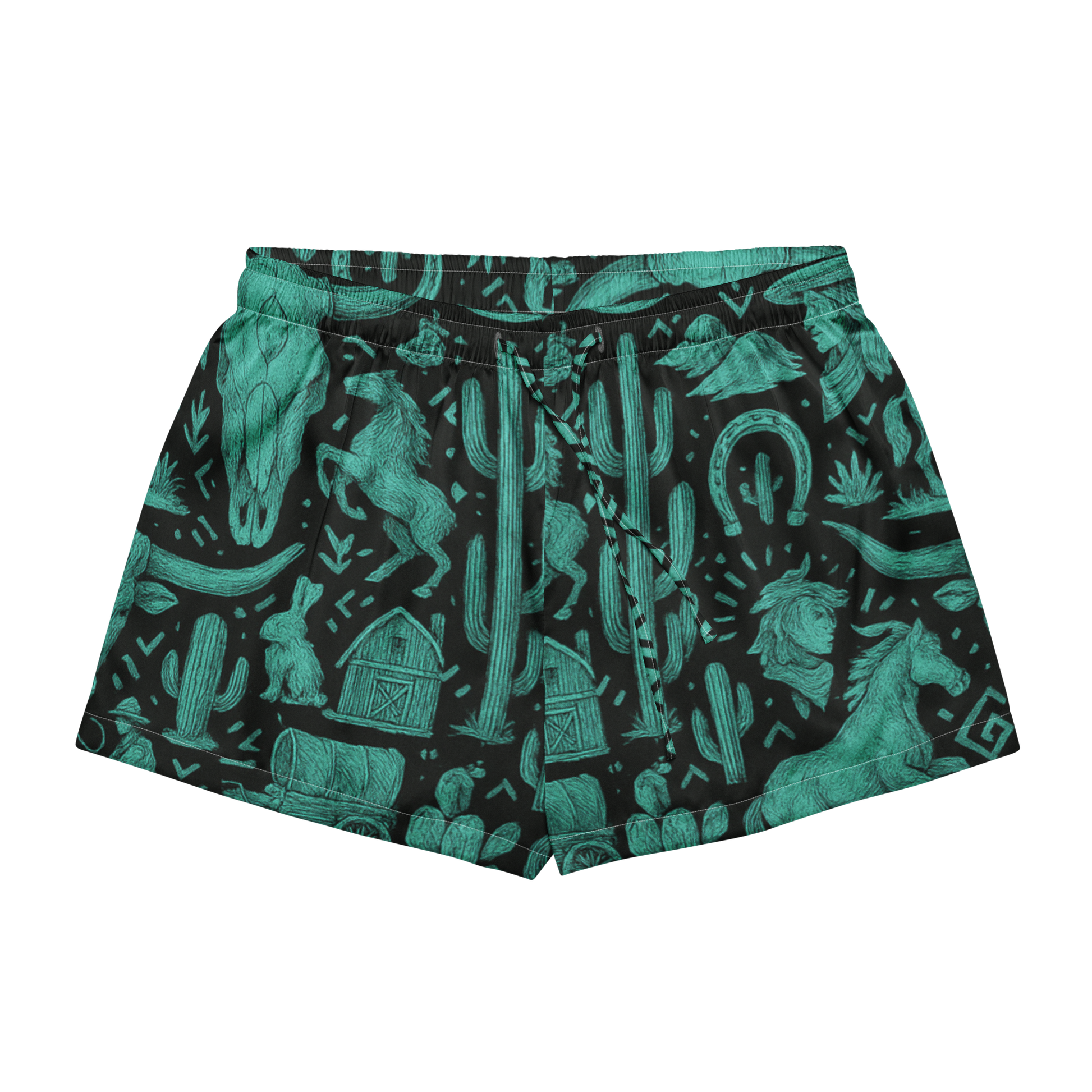 White shorts with green/turquoise western graphics that include barns, cactus, wagons, and more #white