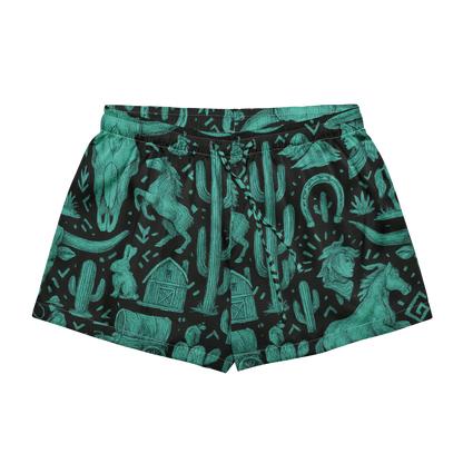 White shorts with green/turquoise western graphics that include barns, cactus, wagons, and more #white