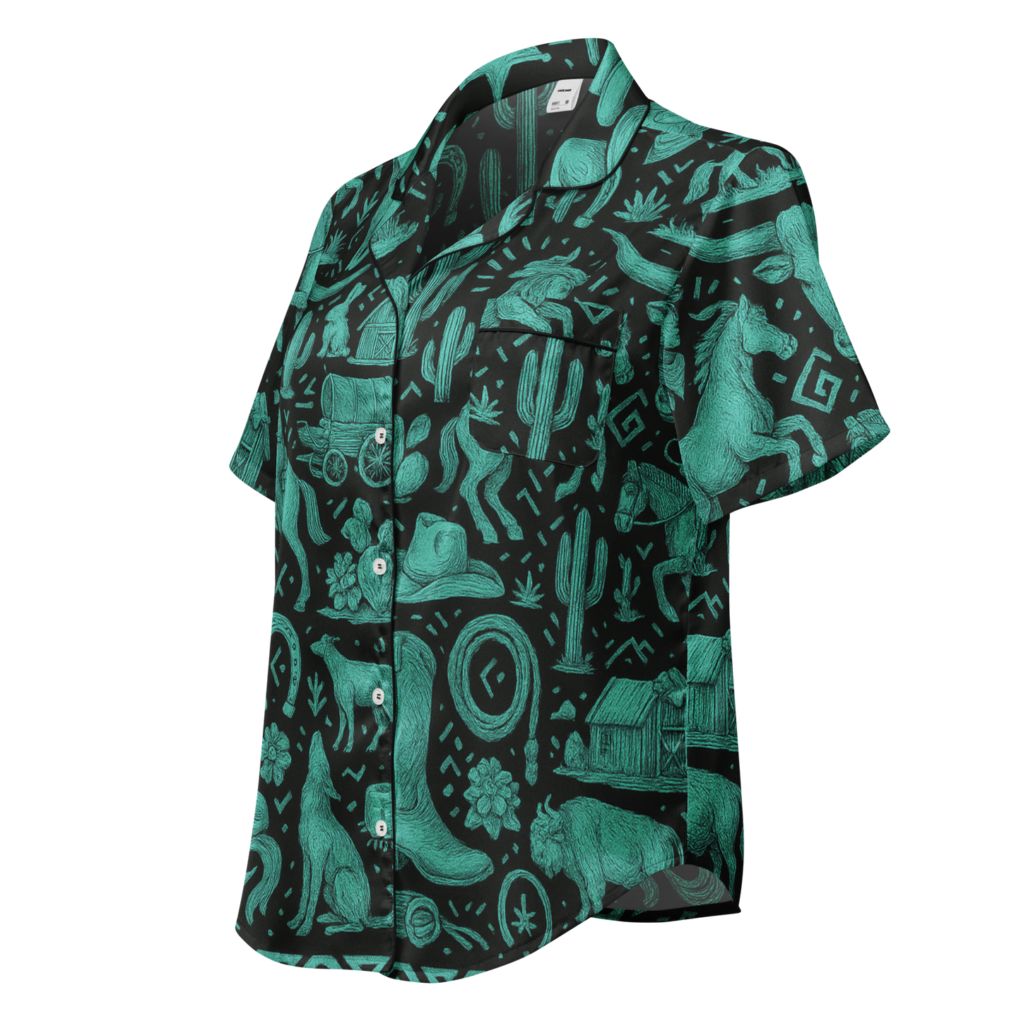 Black stitched pajama top with graphic of western horses, cowgirls, rams, cacti, and more #black