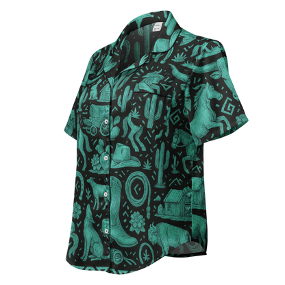 Black stitched pajama top with graphic of western horses, cowgirls, rams, cacti, and more #black