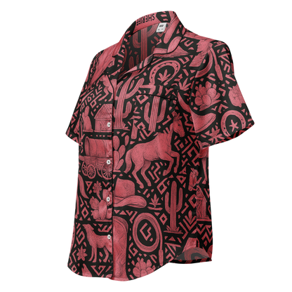 Black line pajama top with pink and black all over print western graphic containing horses, cactus, horseshoes, coyotes, and more #black