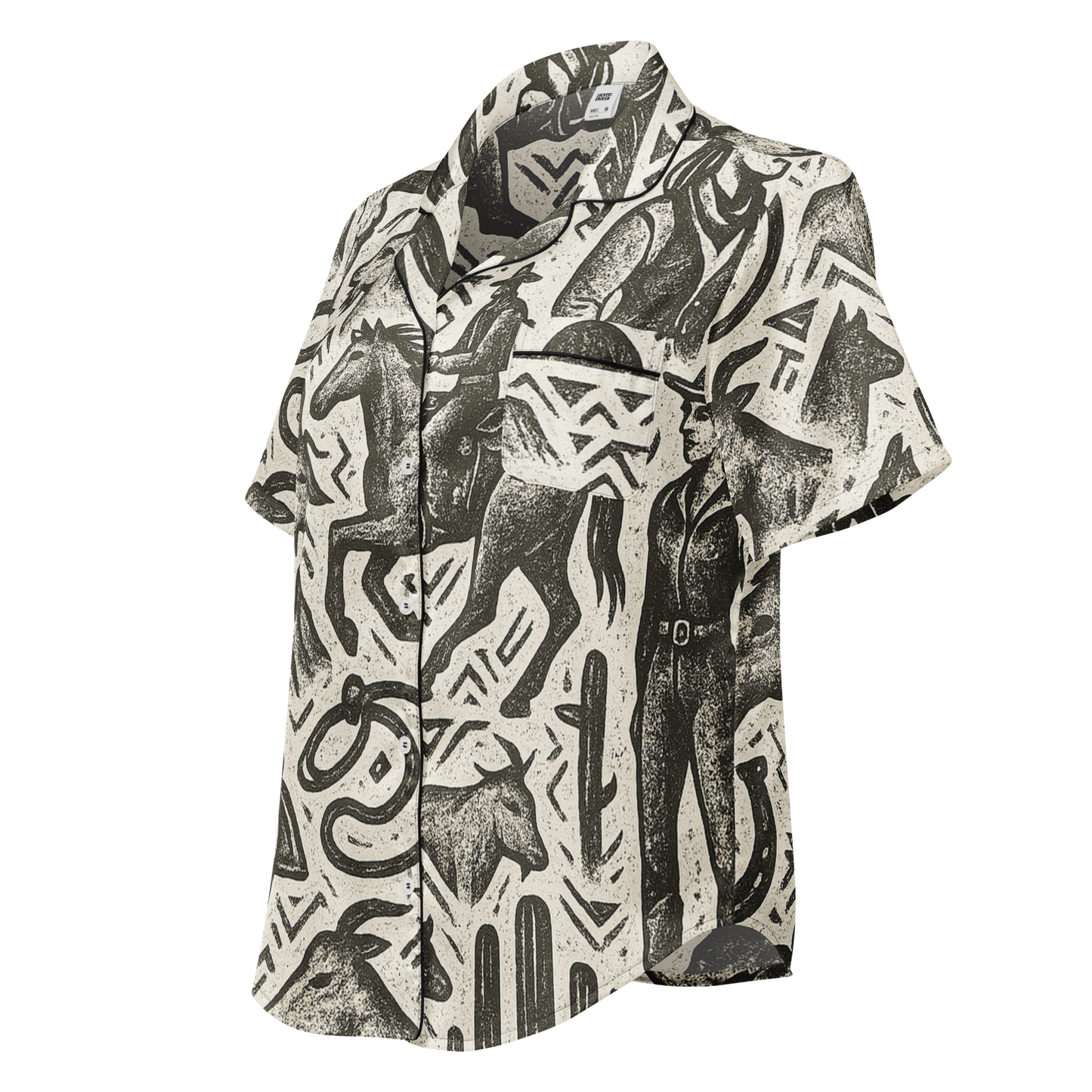 Black stitched pajama top with graphic of western horses, cowgirls, rams, cacti, and more #black