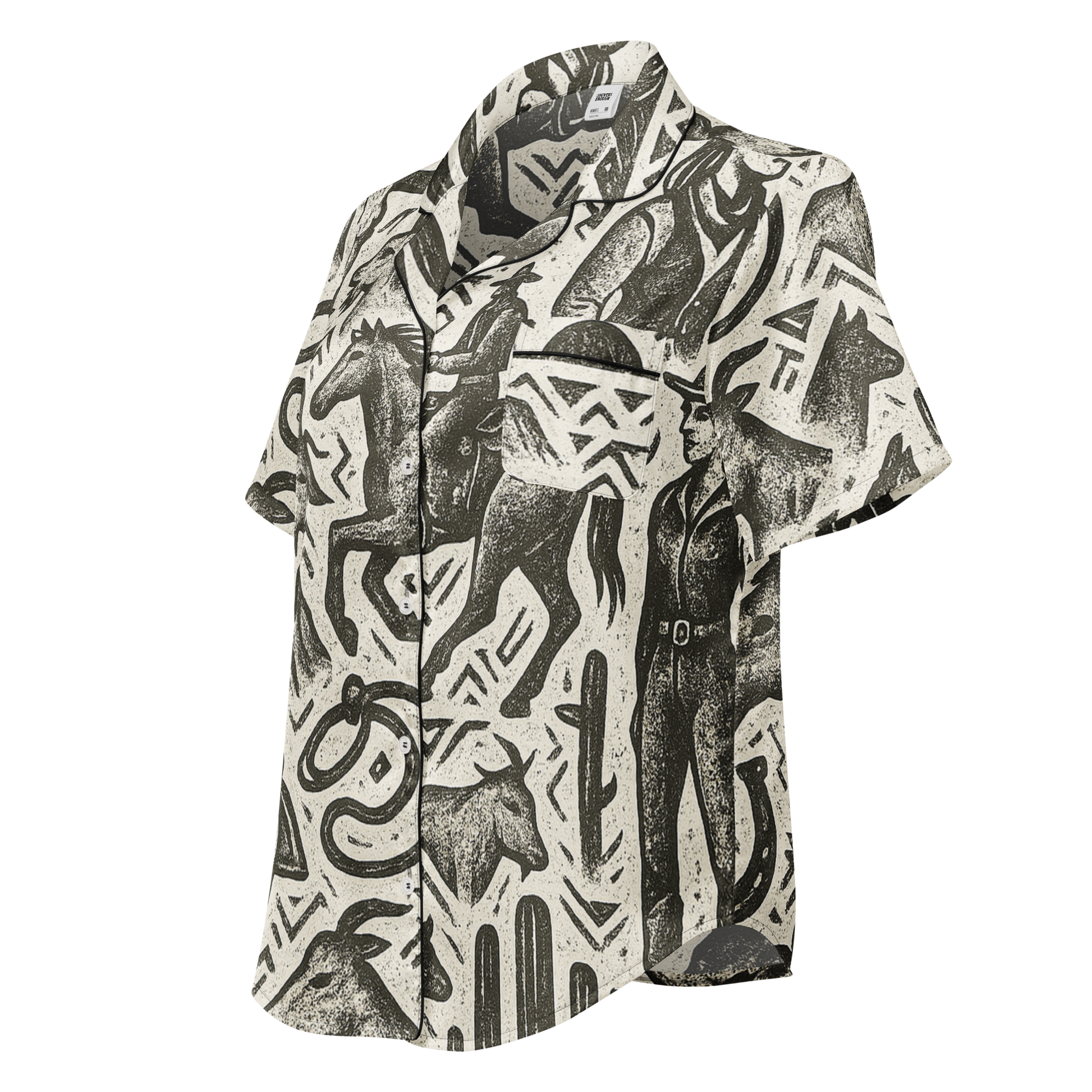 Black stitched pajama top with graphic of western horses, cowgirls, rams, cacti, and more #black