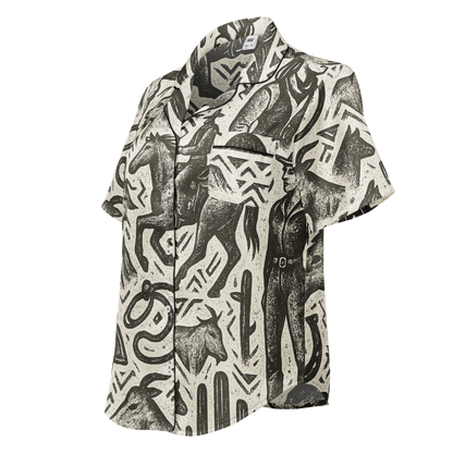 Black stitched pajama top with graphic of western horses, cowgirls, rams, cacti, and more #black