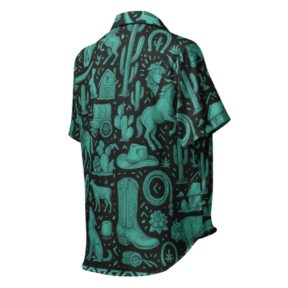 Black stitched pajama top with graphic of western horses, cowgirls, rams, cacti, and more #black