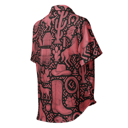 Black line pajama top with pink and black all over print western graphic containing horses, cactus, horseshoes, coyotes, and more #black