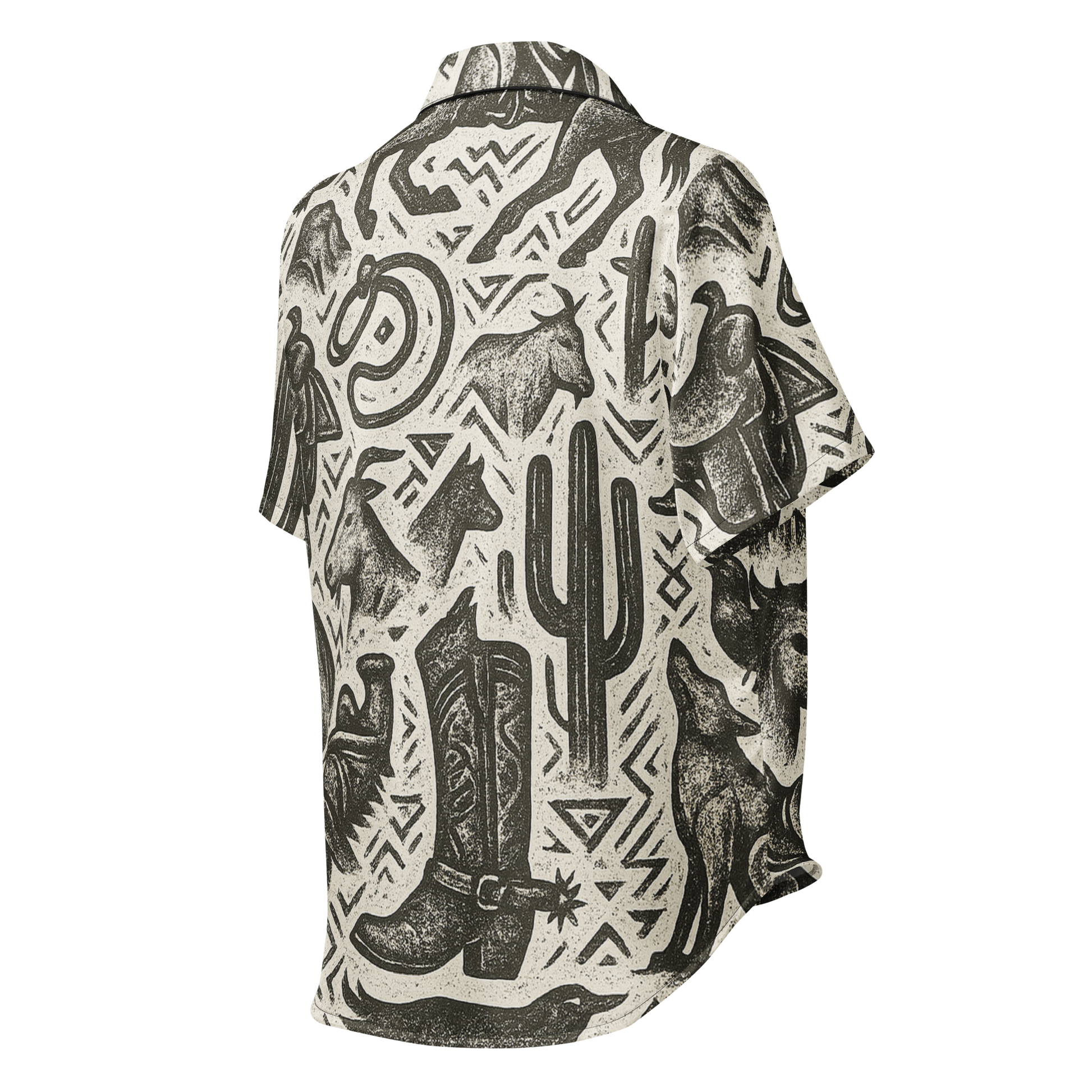 Black stitched pajama top with graphic of western horses, cowgirls, rams, cacti, and more #black