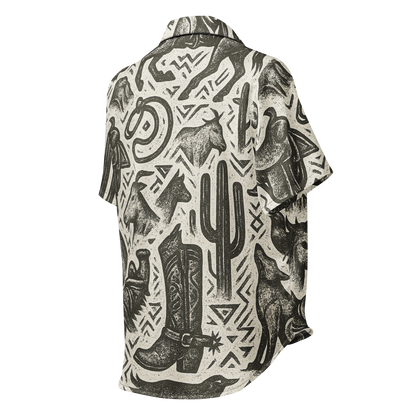 Black stitched pajama top with graphic of western horses, cowgirls, rams, cacti, and more #black