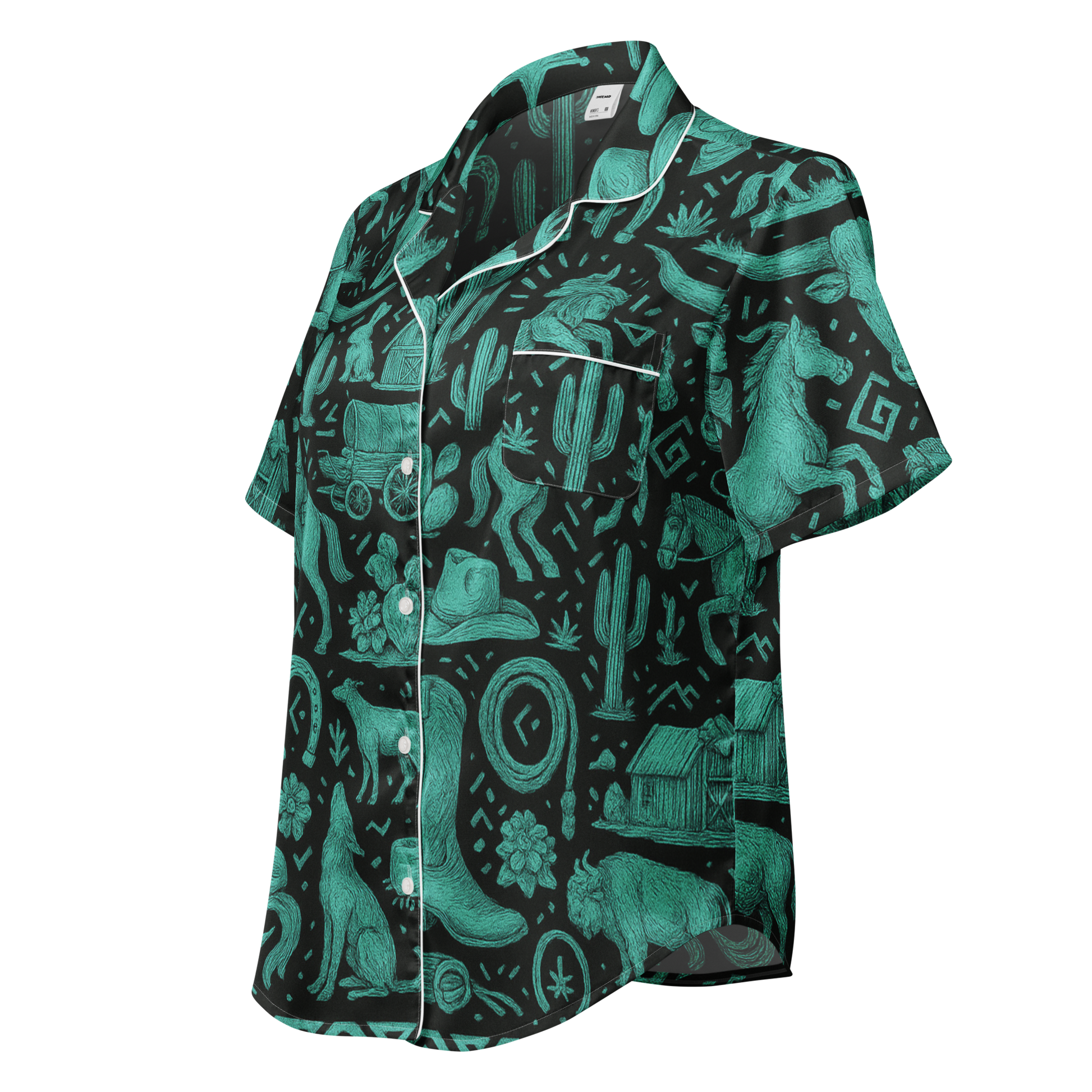 White stitched pajama top with graphic of western horses, cowgirls, rams, cacti, and more #white