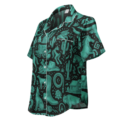 White stitched pajama top with graphic of western horses, cowgirls, rams, cacti, and more #white