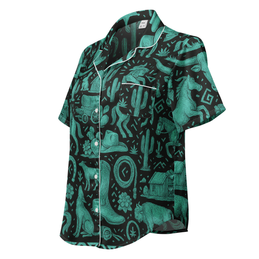 White stitched pajama top with graphic of western horses, cowgirls, rams, cacti, and more #white